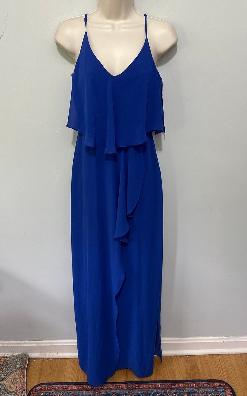 Laundry Shelli Segal Dress 0 Blue Tiered Maxi Strappy 90s Minimalist Hoco Glam